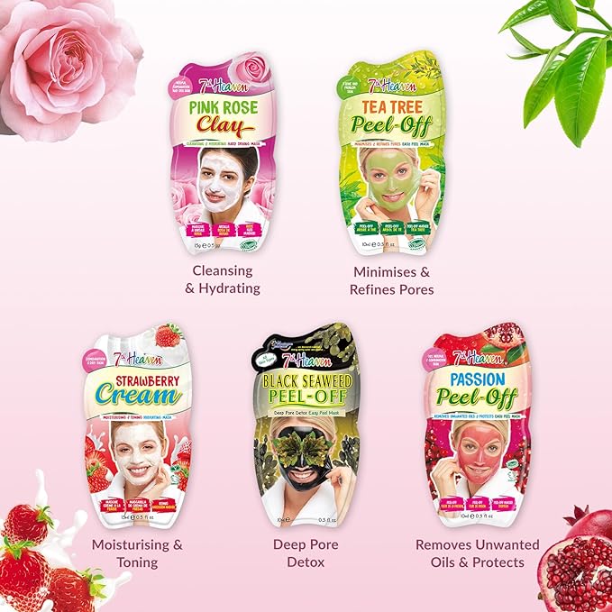 7th Heaven Pamper Hamper Skincare Set - 9 x Face Masks Skincare, 1 x Hair Masks for Dry Damaged Hair and 1 x Body Puff - Gift Set of Peel Off Face Masks & Clay Face Mask Sachets - British D'sire