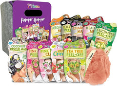 7th Heaven Pamper Hamper Skincare Set - 9 x Face Masks Skincare, 1 x Hair Masks for Dry Damaged Hair and 1 x Body Puff - Gift Set of Peel Off Face Masks & Clay Face Mask Sachets - British D'sire