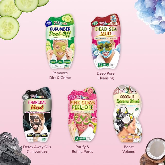 7th Heaven Pamper Hamper Skincare Set - 9 x Face Masks Skincare, 1 x Hair Masks for Dry Damaged Hair and 1 x Body Puff - Gift Set of Peel Off Face Masks & Clay Face Mask Sachets - British D'sire