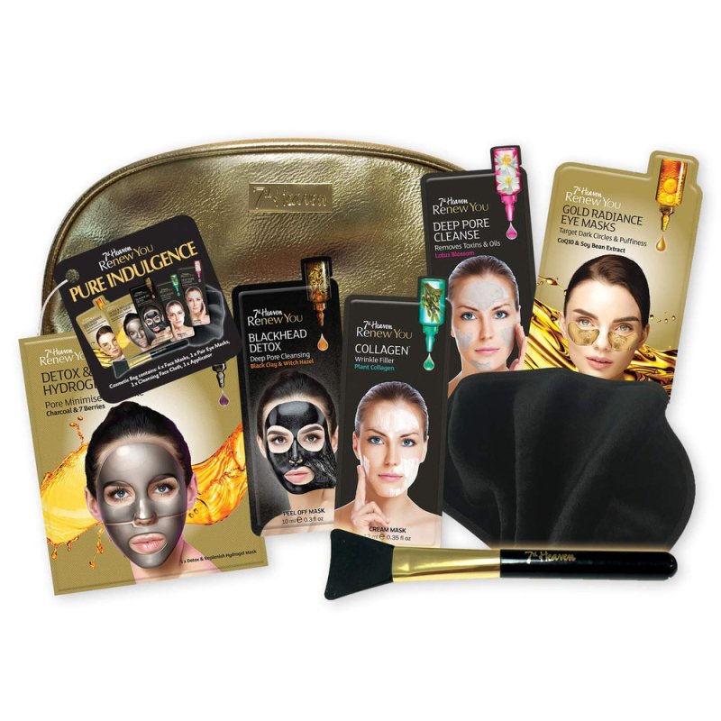 7th Heaven Renew You Pure Indulgence Gift Set - Includes a Variety of Renew You Masks with Gold Cosmetics Bag, Soft Black Cleansing Face Cloth - Gift Set - British D'sire Main image