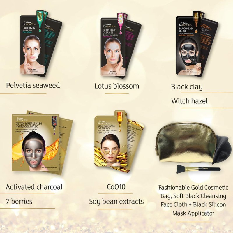 7th Heaven Renew You Pure Indulgence Gift Set - Includes a Variety of Renew You Masks with Gold Cosmetics Bag, Soft Black Cleansing Face Cloth - Gift Set - British D'sire