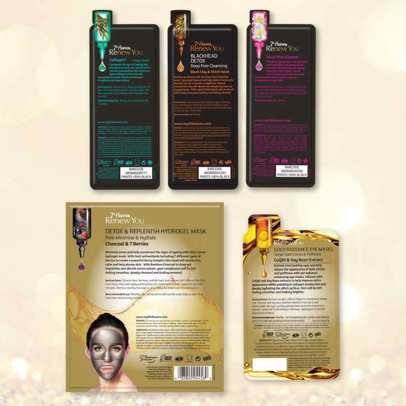 7th Heaven Renew You Pure Indulgence Gift Set - Includes a Variety of Renew You Masks with Gold Cosmetics Bag, Soft Black Cleansing Face Cloth Secondary image