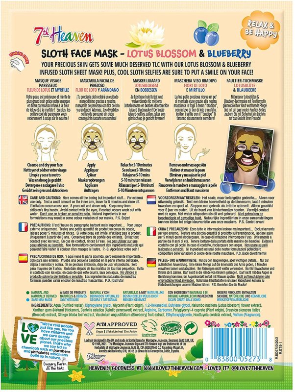 7th Heaven Sloth Face Sheet Mask with Lotus Blossom and Blueberry to Soothe and Nourish Skin - Sheet Mask - British D'sire