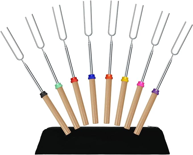 8 PCS Marshmallow Toasting Forks, Barbecue Forks Marshmallow Roasting Sticks Extendable Stainless Steel Hot Dog Fork with Wooden Handle Grilling Skewers for Fire Pit and BBQ Campfire Party - British D'sire