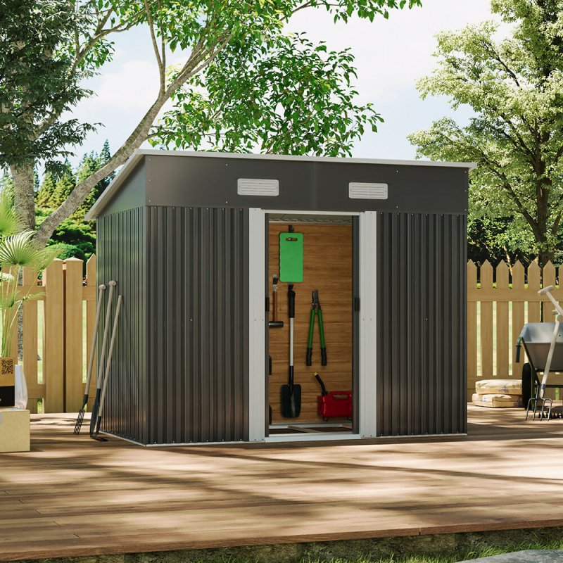 8 x 4 ft Metal Garden Shed Tool Storage with Base Frame, Charcoal Black - Garden Shed - British D'sire