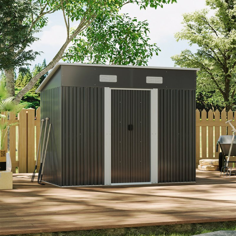 8 x 4 ft Metal Garden Shed Tool Storage with Base Frame, Charcoal Black - Garden Shed - British D'sire Main image