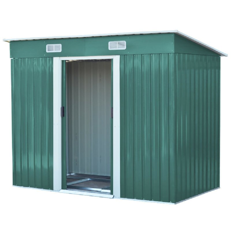 8 x 4 ft Pent Metal Garden Shed Outdoor Tool Storage House with Lockable Door and Base Frame, Dark Green - Garden Shed - British D'sire