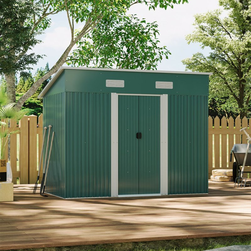 8 x 4 ft Pent Metal Garden Shed Outdoor Tool Storage House with Lockable Door and Base Frame, Dark Green - Garden Shed - British D'sire