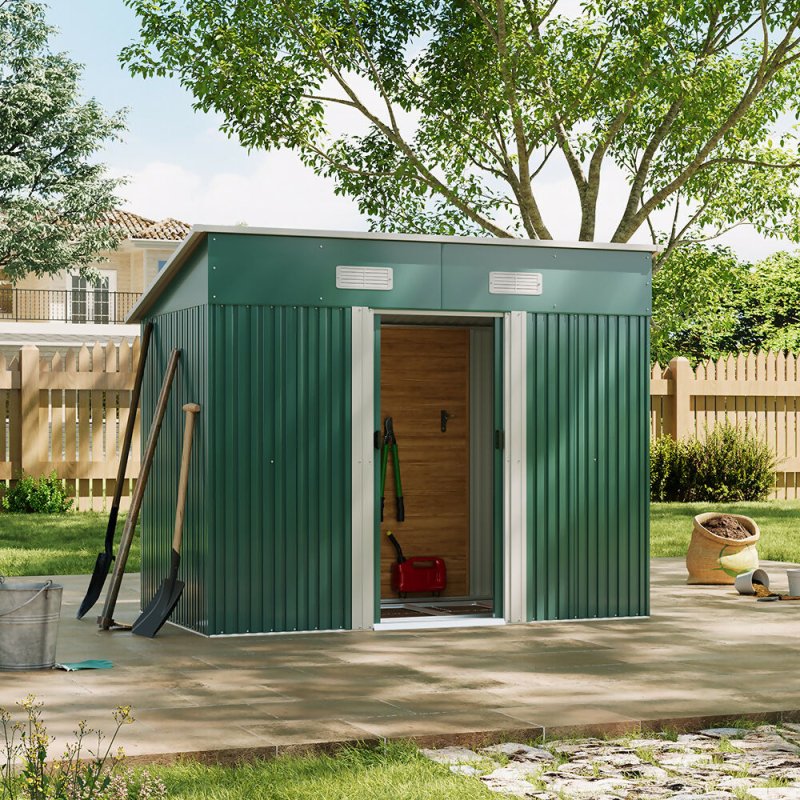 8 x 4 ft Pent Metal Garden Shed Outdoor Tool Storage House with Lockable Door and Base Frame, Dark Green Secondary image