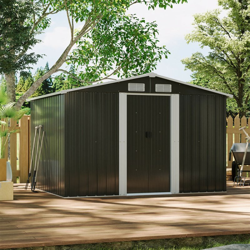 8 X 6 ft Charcoal Black Apex Metal Shed Garden Storage Shed with Base - Garden Shed - British D'sire Main image