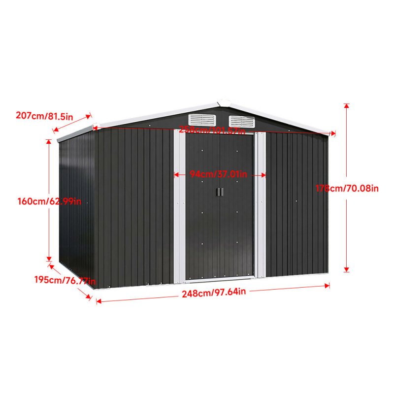 8 X 6 ft Charcoal Black Apex Metal Shed Garden Storage Shed with Base - Garden Shed - British D'sire