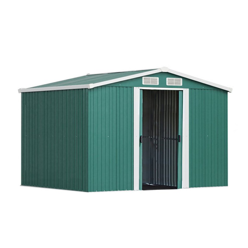 8 x 6 ft Metal Shed Garden Storage Shed Apex Roof Double Door with Base, Dark Green - British D'sire