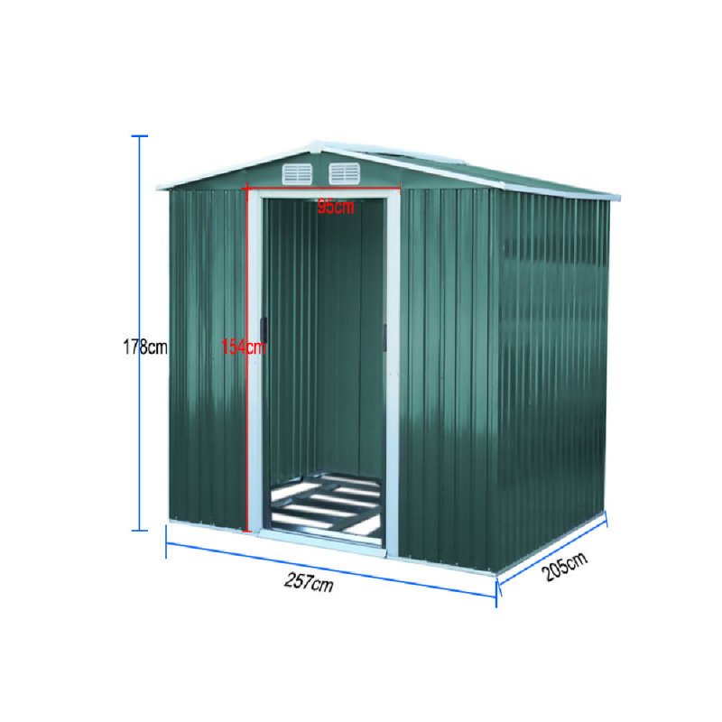 8 x 6 ft Metal Shed Garden Storage Shed Apex Roof Double Door with Base, Dark Green - British D'sire