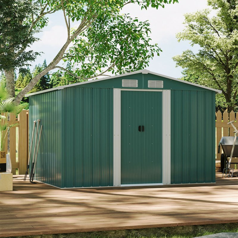 8 x 6 ft Metal Shed Garden Storage Shed Apex Roof Double Door with Base, Dark Green - British D'sire Main image