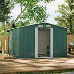 8 x 6 ft Metal Shed Garden Storage Shed Apex Roof Double Door with Base, Dark Green - British D'sire