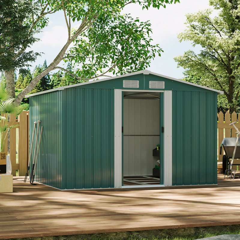 8 x 6 ft Metal Shed Garden Storage Shed Apex Roof Double Door with Base, Dark Green - British D'sire