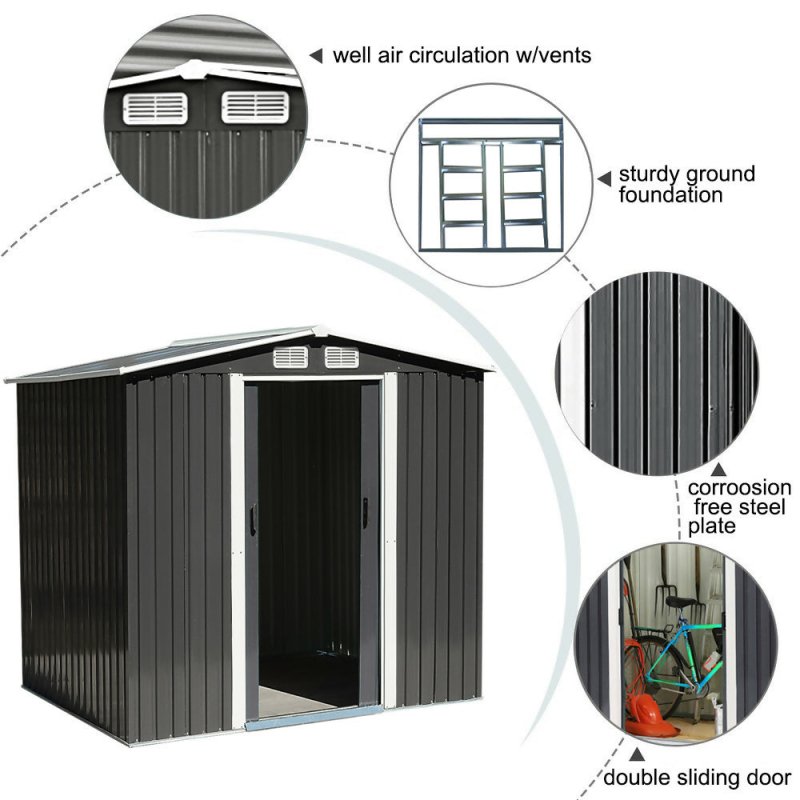8 x 8 ft Metal Shed Garden Storage Shed Apex Roof Double Door with Base Foundation, Charcoal Black - Garden Shed - British D'sire
