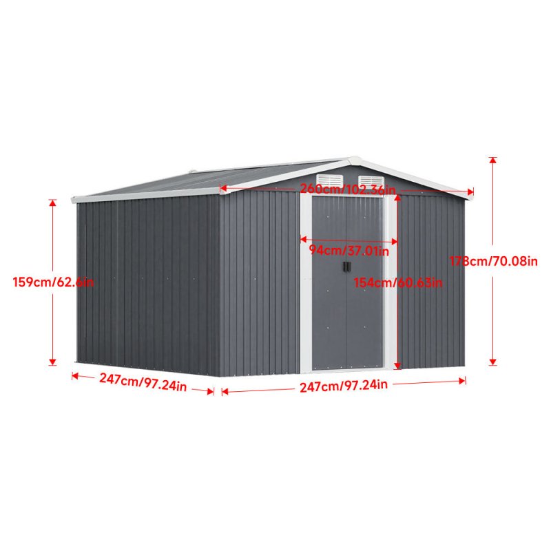 8 x 8 ft Metal Shed Garden Storage Shed Apex Roof Double Door with Base Foundation, Charcoal Black - Garden Shed - British D'sire
