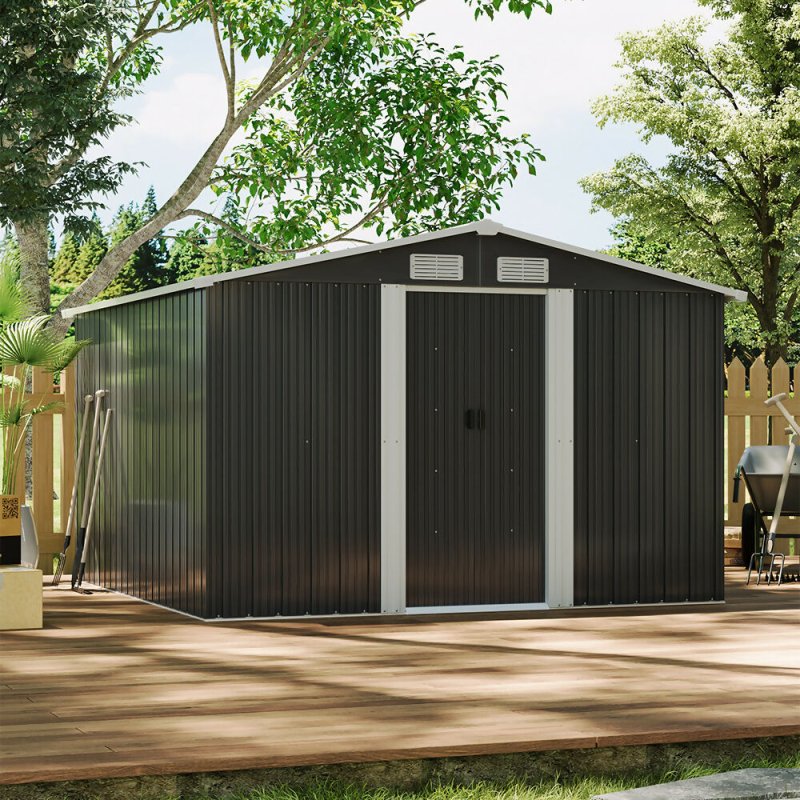 8 x 8 ft Metal Shed Garden Storage Shed Apex Roof Double Door with Base Foundation, Charcoal Black - Garden Shed - British D'sire