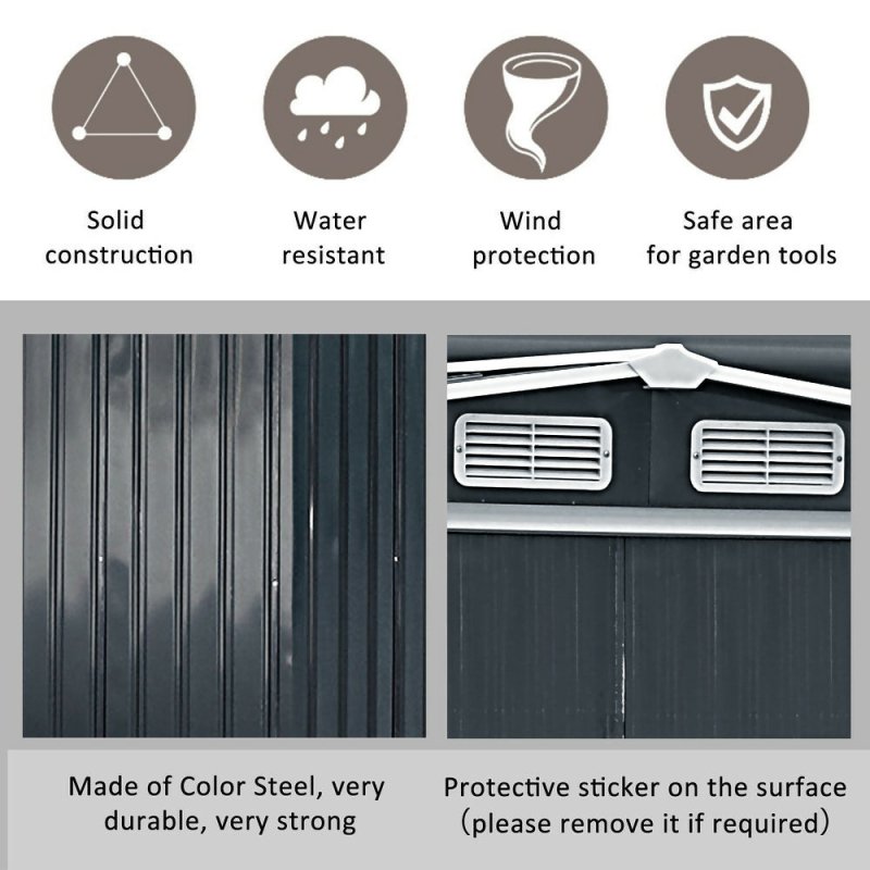 8 x 8 ft Metal Shed Garden Storage Shed Apex Roof Double Door with Base Foundation, Charcoal Black - Garden Shed - British D'sire