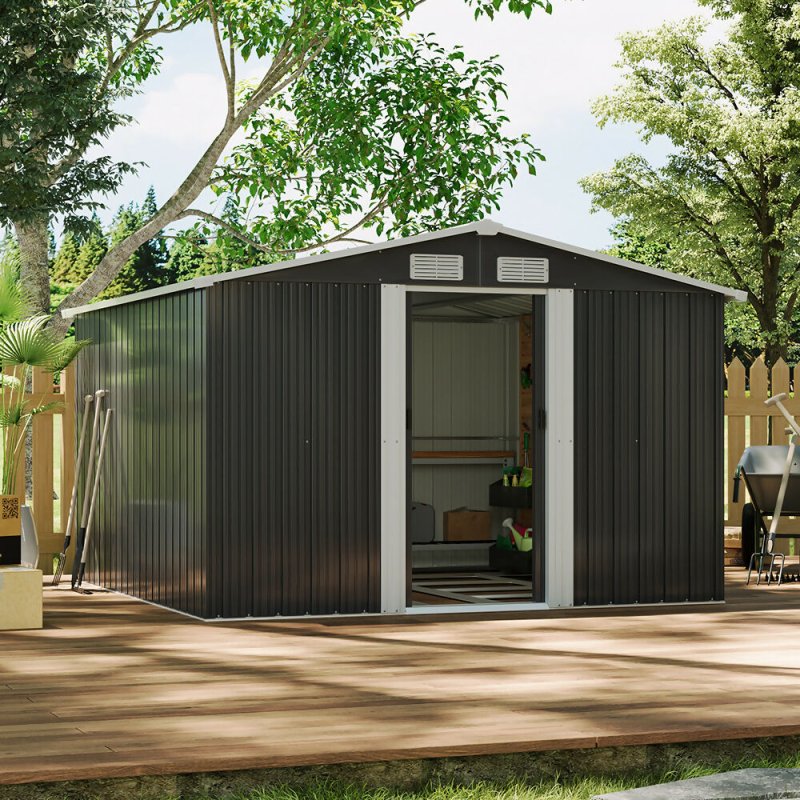 8 x 8 ft Metal Shed Garden Storage Shed Apex Roof Double Door with Base Foundation, Charcoal Black - Garden Shed - British D'sire