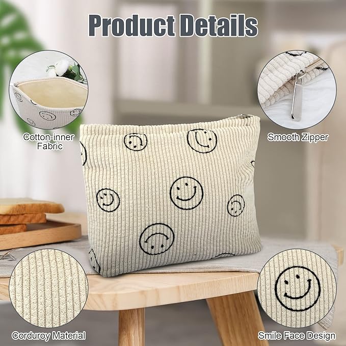 EEEKit 2 Pack Corduroy Smile Face Makeup Bag, Corduroy Travel Cosmetic Bags, Corduroy Toiletry Bag, Small Makeup Bag for Handbag Preppy Skincare Bag for Women Girl (Blue & Creamy White)