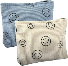 EEEKit 2 Pack Corduroy Smile Face Makeup Bag, Corduroy Travel Cosmetic Bags, Corduroy Toiletry Bag, Small Makeup Bag for Handbag Preppy Skincare Bag for Women Girl (Blue & Creamy White)