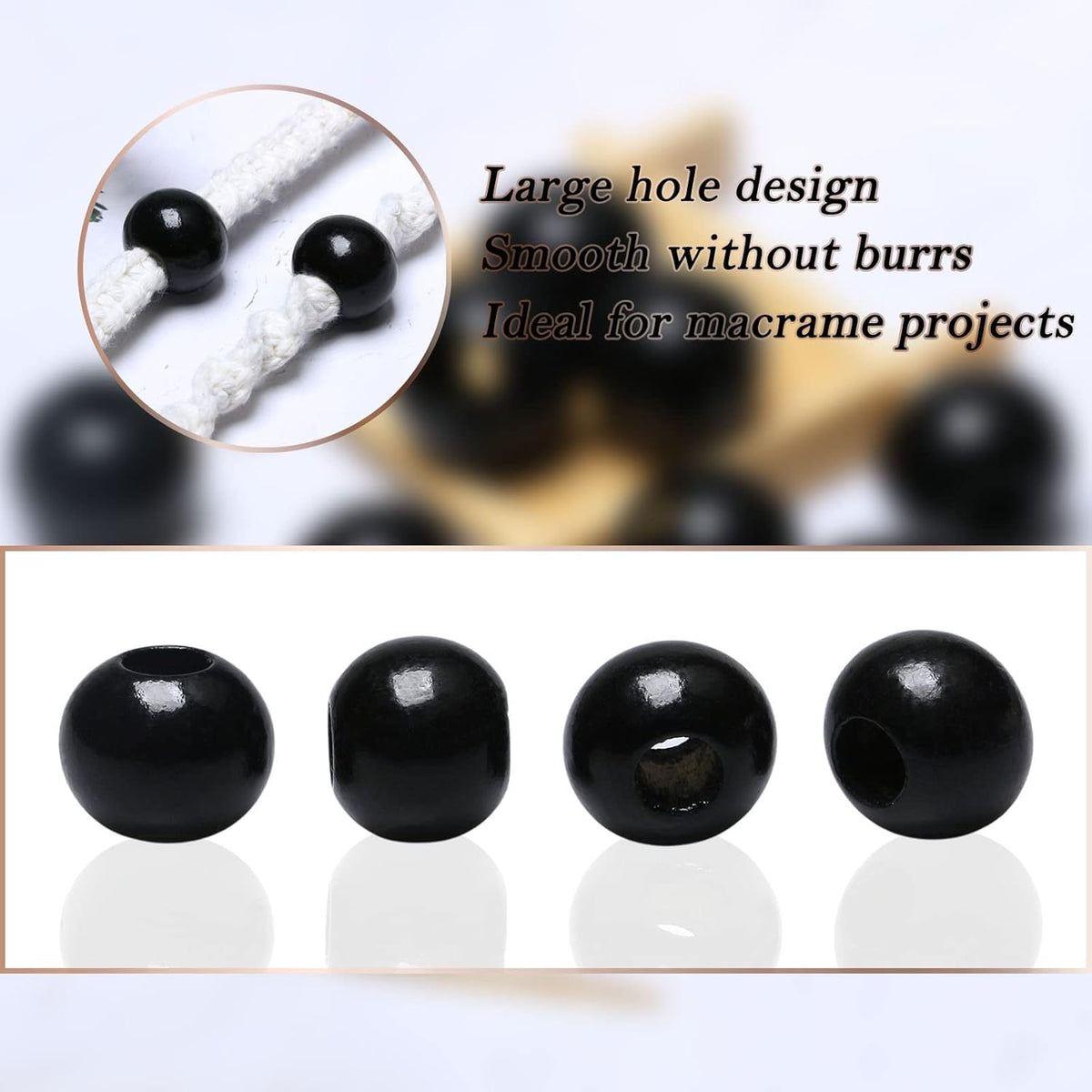 40 Pieces Black Wooden Macrame Beads 25mm with 10mm Large Hole for Craft, Wood Spacer Beads, Natural Round Ball Farmhouse Wooden Loose Beads for Garlands/Jewelry Making/Home Wall Hanging Decor