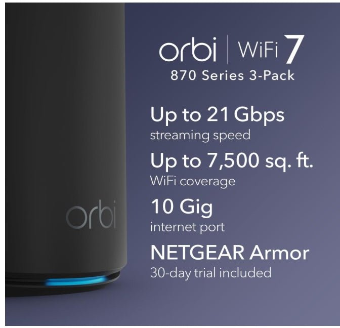 870 Series Tri - band WiFi 7 Mesh System (RBE873B) - Router + 2 Satellite Extenders, Security Features, Up to 21 Gbps, Covers up to 7,500 sq. ft., 150 Devices, 10 Gig Internet Port, Black - Networking Device - British D'sire