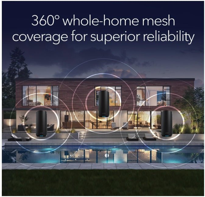 870 Series Tri - band WiFi 7 Mesh System (RBE873B) - Router + 2 Satellite Extenders, Security Features, Up to 21 Gbps, Covers up to 7,500 sq. ft., 150 Devices, 10 Gig Internet Port, Black - Networking Device - British D'sire