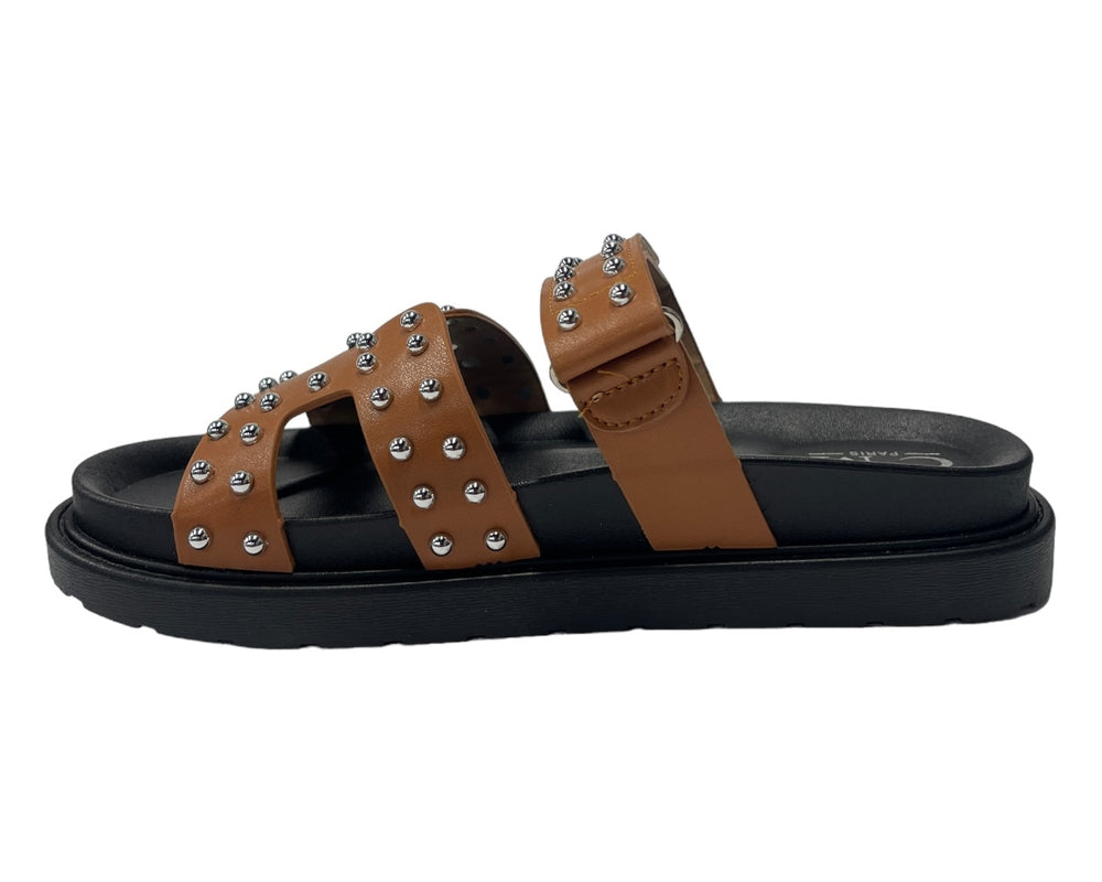 Faux Leather Flat Studded Sliders