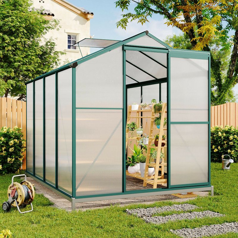 8ft × 6ft Greenhouse Polycarbonate Aluminium Greenhouse with Window, Sliding Door, and Foundation - Greenhouse - British D'sire Main image