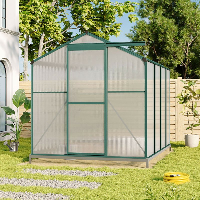 8ft × 6ft Greenhouse Polycarbonate Aluminium Greenhouse with Window, Sliding Door, and Foundation - Greenhouse - British D'sire