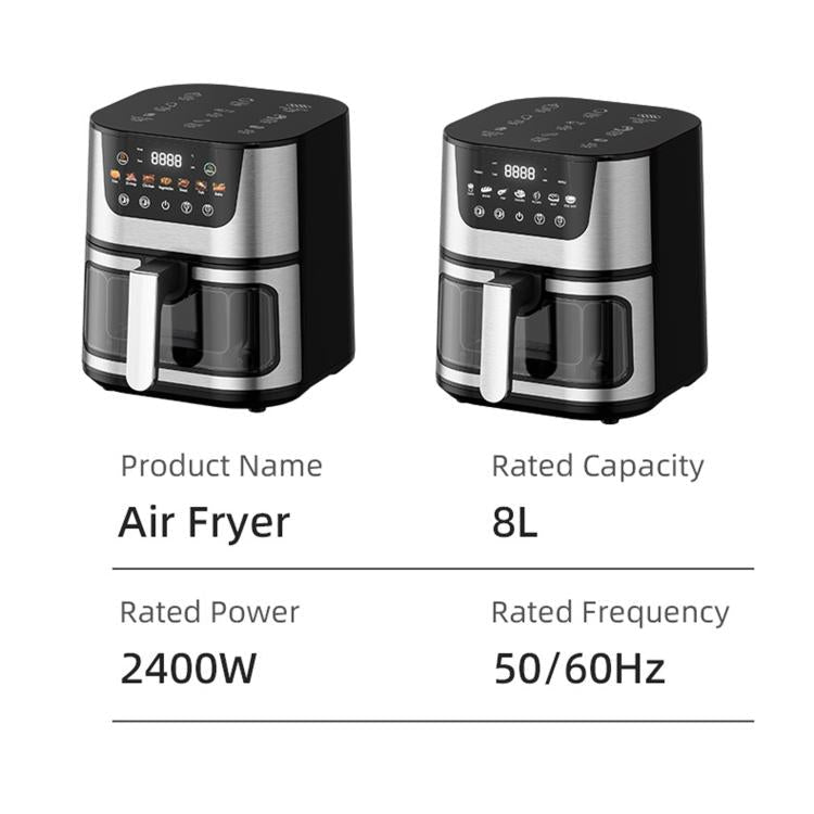 8L Smart Air Fryer Stainless Steel 2400W High Power Panoramic Window Non-Stick Basket, Spec: UK Plug(Black White Display) - British D'sire