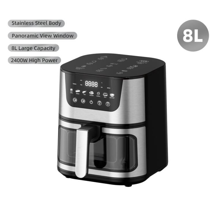 8L Smart Air Fryer Stainless Steel 2400W High Power Panoramic Window Non-Stick Basket, Spec: UK Plug(Black White Display) - British D'sire