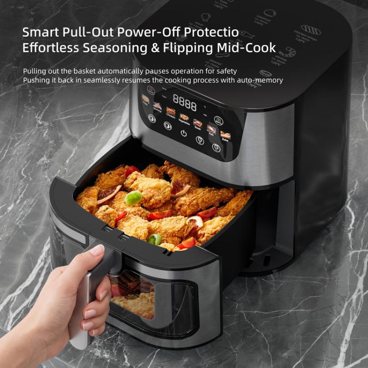8L Smart Air Fryer Stainless Steel 2400W High Power Panoramic Window Non-Stick Basket, Spec: UK Plug(Black White Display) - British D'sire