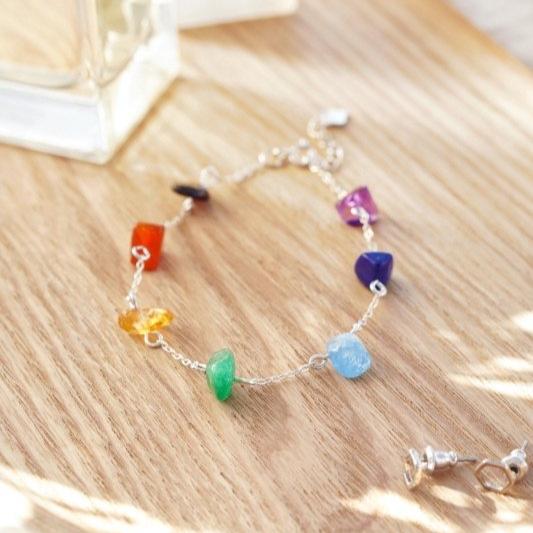 925 Sterling Silver 7 Chakra Raw Stone Crystal Bracelet - Bracelets - British D'sire Main image