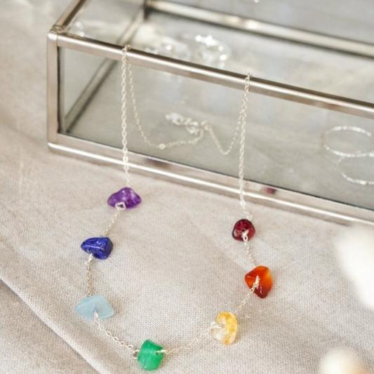 925 Sterling Silver 7 Chakra Raw Stone Crystal Necklace - Necklaces - British D'sire