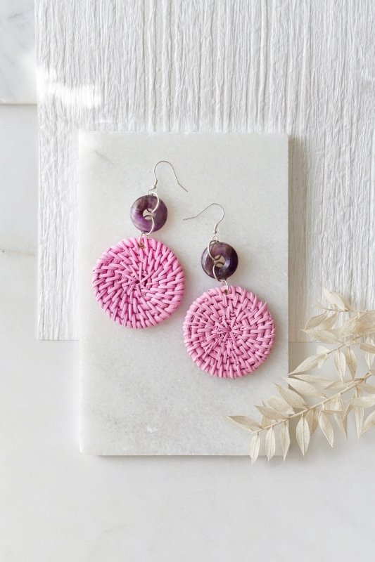 Xander Kostroma - 925 Sterling Silver Amethyst Purple Rattan Earrings - Ideal for Women and Teens - Perfect for Summer Wear and Anxiety Relief - 9cm Drop, 5cm Rattan Disc - A Thoughtful Gift for Stress Relief and Style Lovers Secondary image