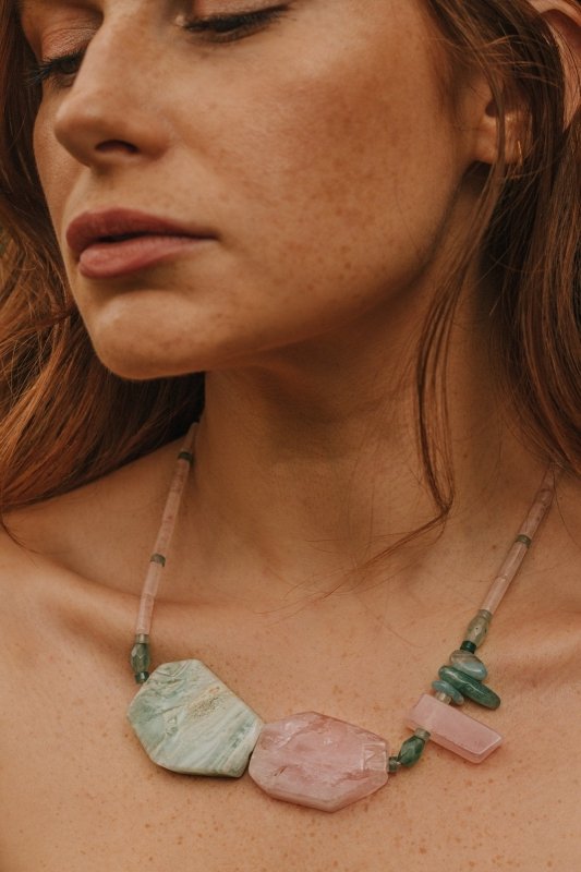 925 Sterling Silver Aventurine & Rose Quartz Statement Necklace - Necklaces - British D'sire