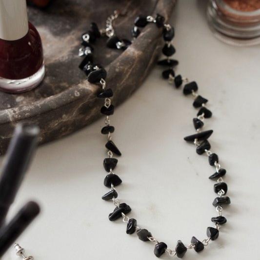 925 Sterling Silver Black Obsidian Crystal Chip Necklace - Necklaces - British D'sire