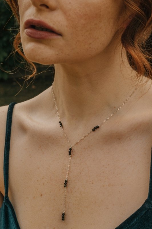 925 Sterling Silver Black Obsidian Delicate Drop Crystal Necklace - Necklaces - British D'sire