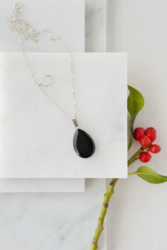 925 Sterling Silver Black Obsidian Pendant Necklace - Necklaces - British D'sire