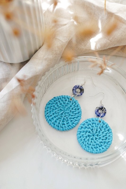 Xander Kostroma - 925 Sterling Silver Blue Vein Stone Blue Rattan Earrings - Ideal for Women - Enhances Mental Clarity and Calm - Handcrafted Summer Jewelry - Drop: 9cm, Rattan Disc: 5cm - Unique Healing Earrings for Daily Elegance Secondary image
