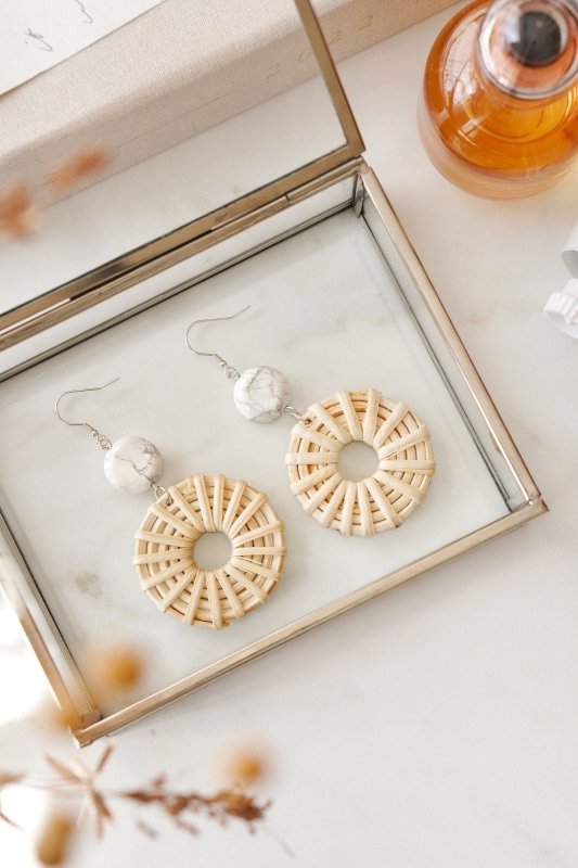 Xander Kostroma 925 Sterling Silver Howlite Cream Circle Rattan Earrings - 4 cm drop, Boho Chic Jewelry for Women, Spiritual Healing & Emotional Balance Benefits Secondary image
