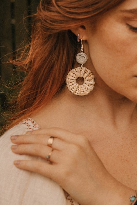925 Sterling Silver Howlite Cream Circle Rattan Earrings - Earrings - British D'sire