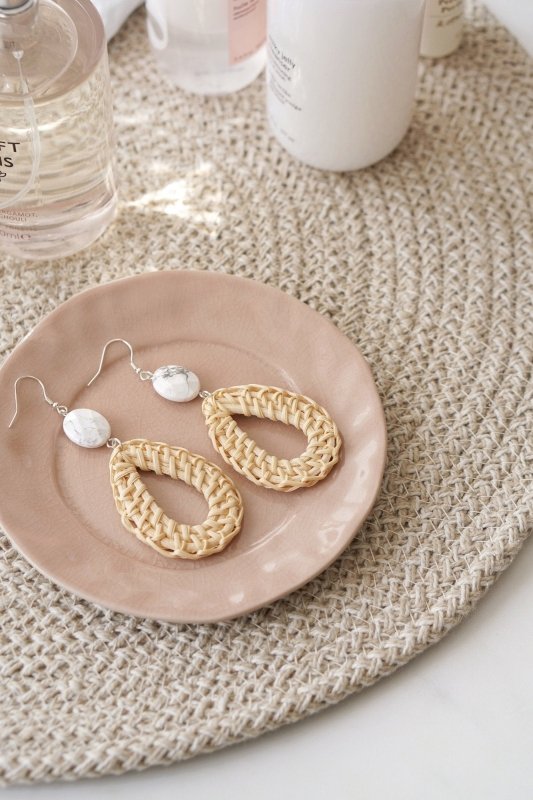 925 Sterling Silver Howlite Cream Teardrop Rattan Earrings - Earrings - British D'sire Main image