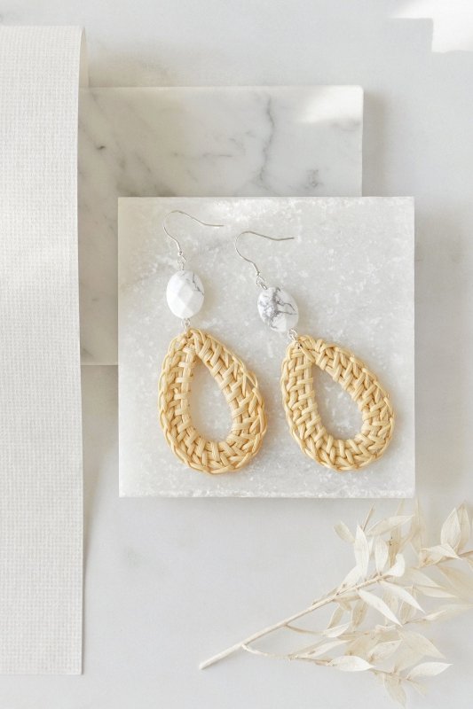 Xander Kostroma - 925 Sterling Silver Howlite Cream Circle Rattan Earrings - Ideal for Women - Drop: 8cm, Rattan Disc: 4cm - Unique Healing Earrings for Everyday Elegance Secondary image