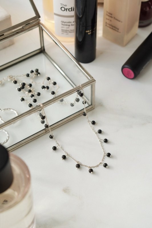 925 Sterling Silver Long Length Black Obsidian Necklace - Necklaces - British D'sire
