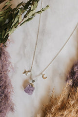 925 Sterling Silver Raw Cut Amethyst Moon & Star Necklace - Necklaces - British D'sire